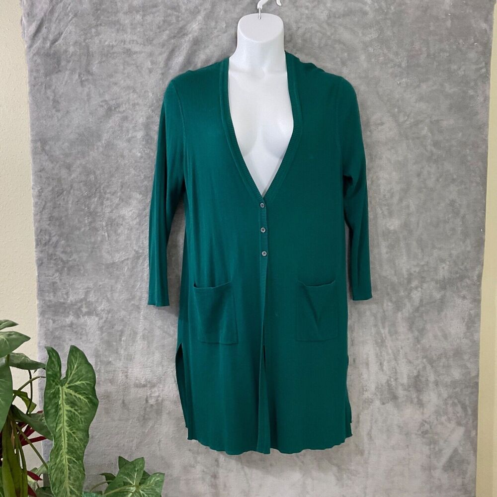 J. Jill Long Line Cardigan Petite L Knit Button silk blend women’s green